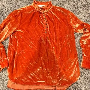 Anthropologie Velvet Ruffle-Neck Long-Sleeve Top in Burnt Orange